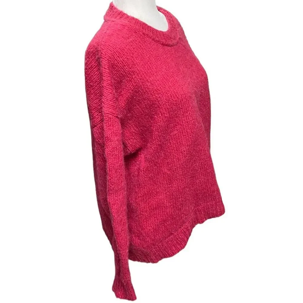 J.Crew Size M Alpaca Wool Raspberry Red Shoulder Button Fuzzy Pullover Sweater